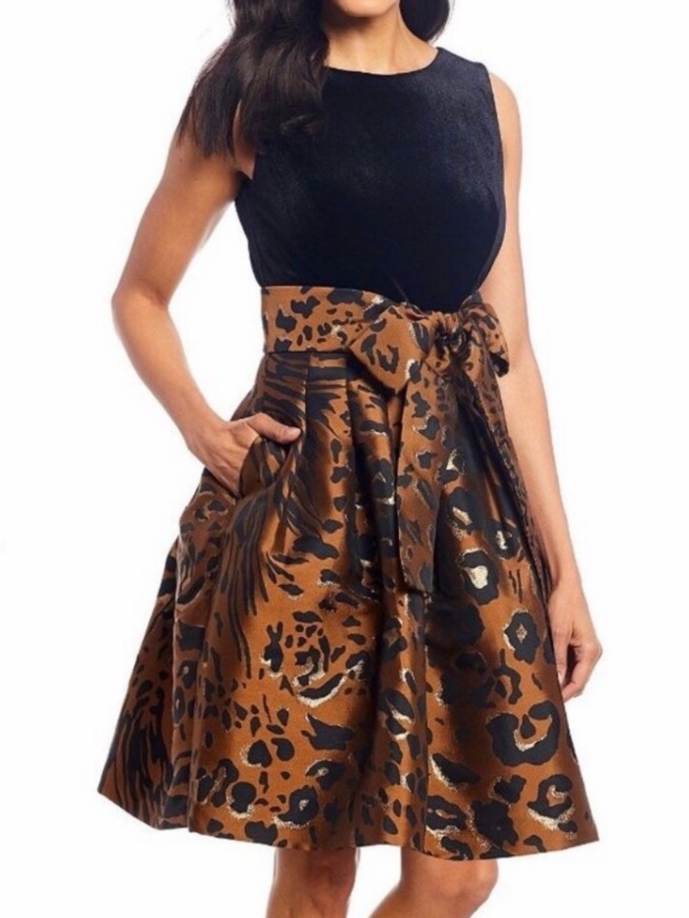 Women’s Size 10 Tahari ASL Black Velvet and Animal Print Sleeveless Dress